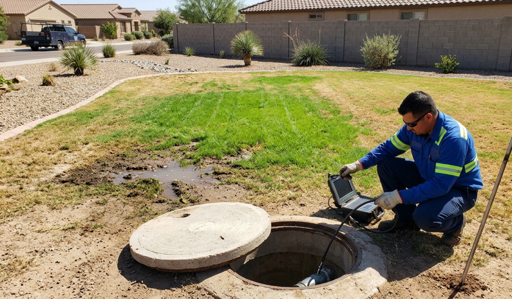 Worker in blue safety uniform kneels by an open manhole, using a handheld laptop for underground sewer inspection with a nearby puddle of water.