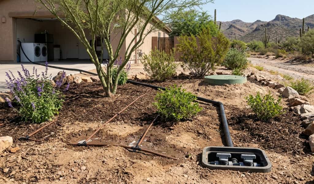 Desert yard with exposed irrigation pipes and a valve box near a beige house, with flowering plants and cacti nearby.